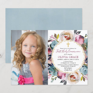 Convite Marinho azul burgundy Primeira foto da Santa Comun