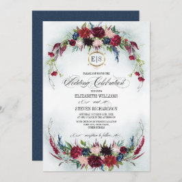 Convite Marinho azul | Casamento Burgundy Bloom Watercolor