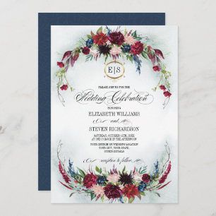 Convite Marinho azul   Casamento Burgundy Bloom Watercolor