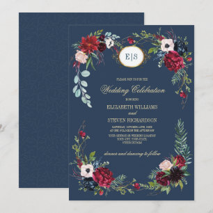Convite Marinho azul Casamento de Borgonha Floral