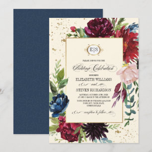 Convite Marinho azul Casamento de Borgonha Floral