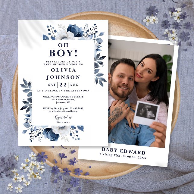 Convite Marinho Azul Chá de fraldas de Fotografia Floral A (Oh Boy Navy Blue Floral Photo Baby Shower Invitation)
