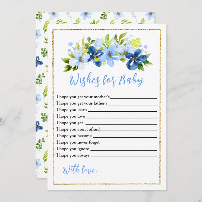 Convite Marinho Azul Chá de fraldas Floral Desejos Para Be (Frente/Verso)