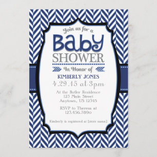 Convite Marinho Azul Cinza Herringbone Baby Shower Invasõe