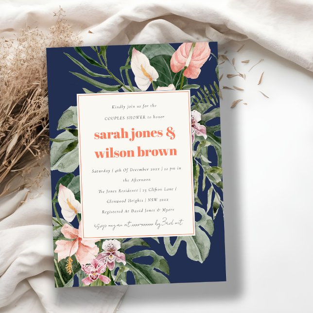 Convite Marinho Azul Cor-de-rosa Boho Casais tropicais Chá (Criador carregado)