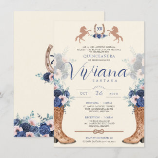 Convite Marinho Azul Cor-de-rosa Floral Oeste Charro Quinc