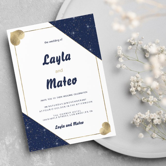 Convite Marinho azul- coração brilho brilho (Navy blue gold heart sparkle glitter Wedding)