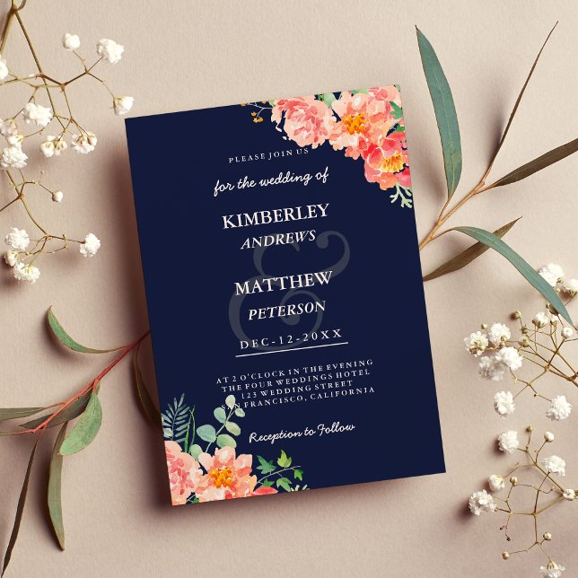 Convite Marinho azul coral cor-de-água rosa elegante Casam (Navy blue coral pink watercolor elegant Wedding Invitation)
