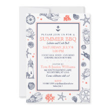 Convite Marinho Azul/Coral para Praia, na Costa Ma