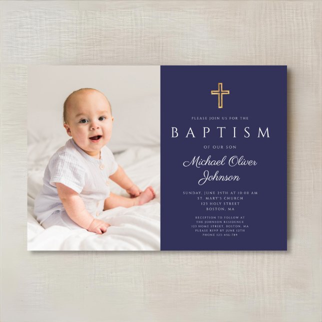 Convite Marinho Azul Cruz Religiosa Foto Batismo (Navy Blue Religious Cross Boy Photo Baptism Invitation)