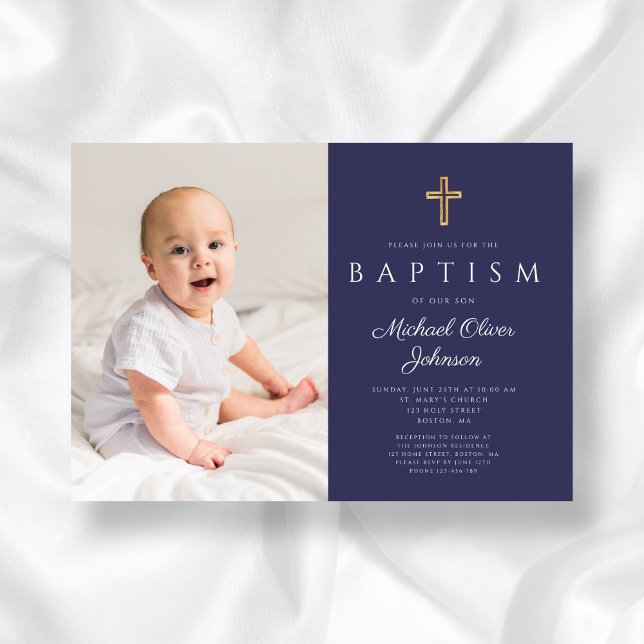 Convite Marinho Azul Cruz Religiosa Foto Batismo (Navy Blue Religious Cross Boy Photo Baptism Invitation)