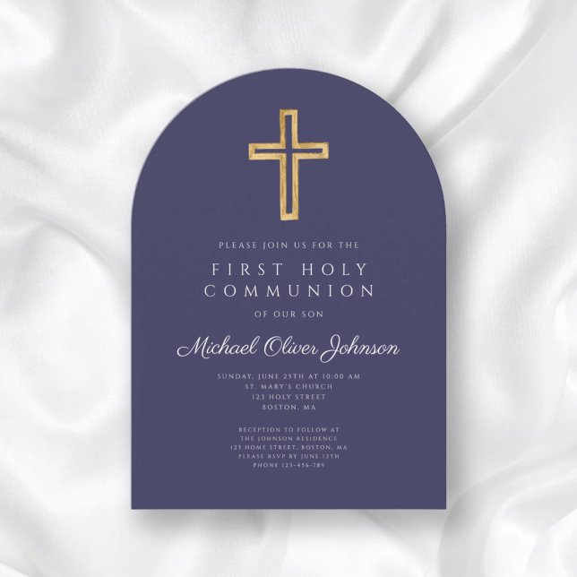Convite Marinho Azul Cruzado Religioso Primeiro Arco Comun (Navy Blue Religious Cross Boy First Communion Arch Invitation)