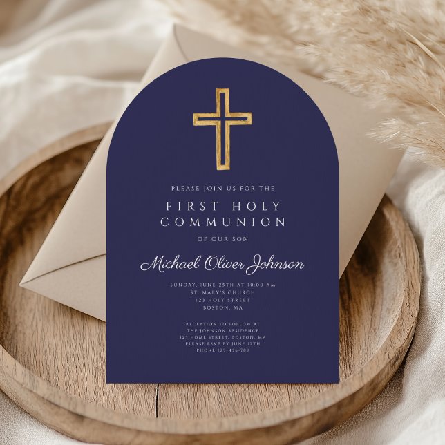 Convite Marinho Azul Cruzado Religioso Primeiro Arco Comun (Navy Blue Religious Cross Boy First Communion Arch Invitation)