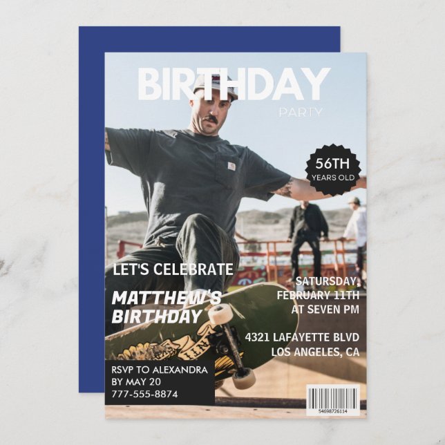 Convite Marinho azul da revista Foto engraçada 56 anos (Frente/Verso)