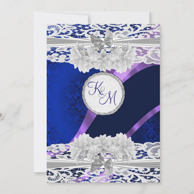 Convite Marinho azul damask branco lace monograma casament (Verso)