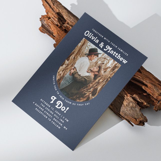 Convite Marinho azul de arca foto simples retro noivado (Criador carregado)