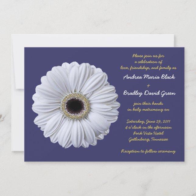 Convite Marinho Azul de Casamento de Gerbera Daisy White (Frente)