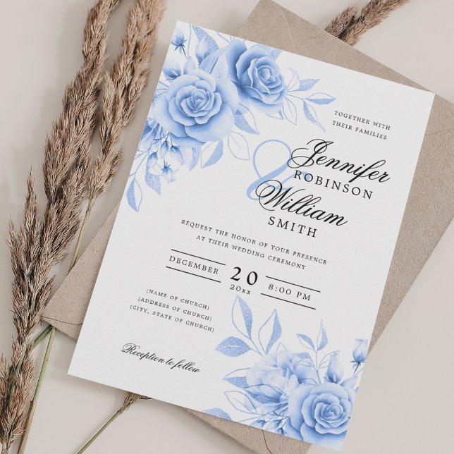 Convite Marinho Azul de Casamento de Script Elegante com R (Elegant Script Wedding Navy Blue Floral w/ QR RSVP Invitation)