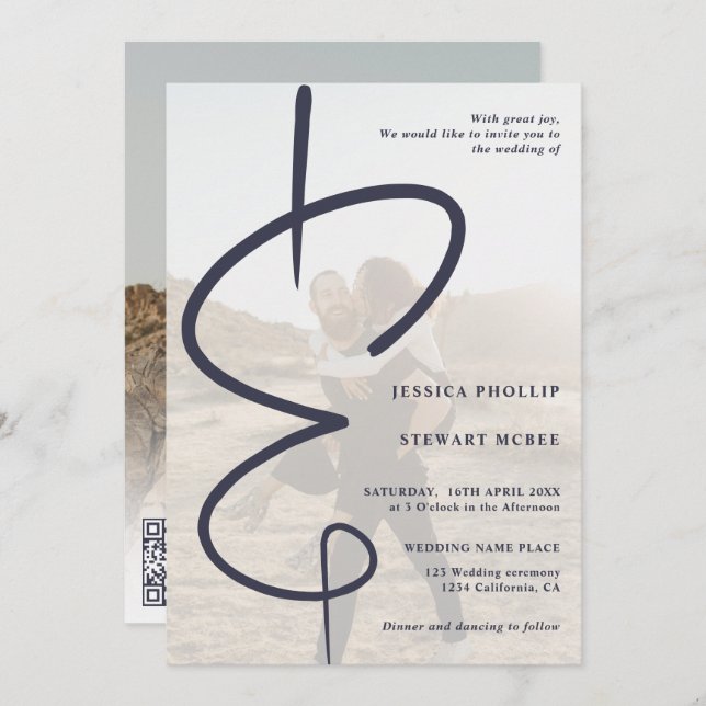 Convite Marinho azul de  de fotografia de Ampersand Qr cod (Frente/Verso)