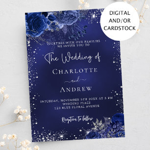 Convite Marinho azul de flores prateadas casamento
