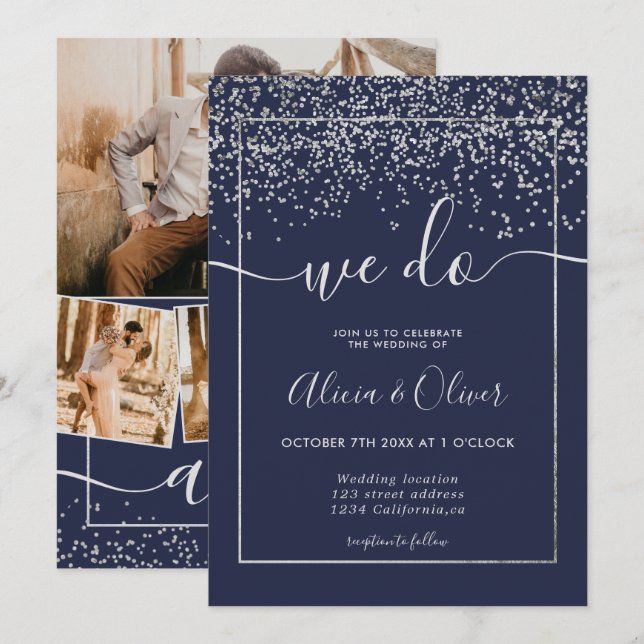 Convite Marinho azul de folha de prata rubricado (Frente/Verso)