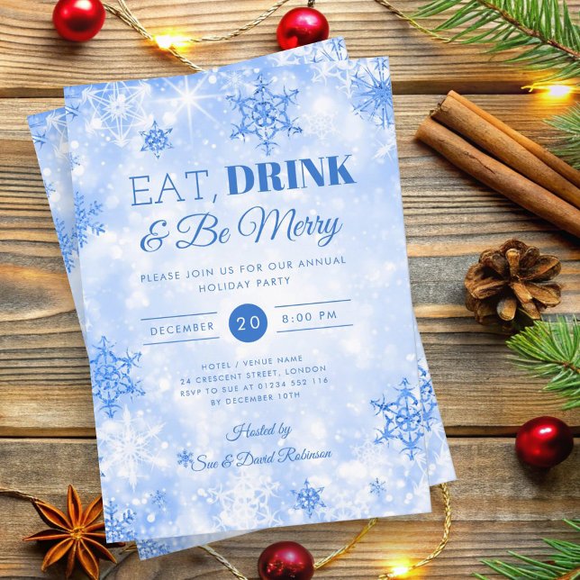 Convite Marinho azul de inverno "Come e Bebida" Natal (Winter "Eat & Drink" Navy Blue Holiday Christmas Invitation)