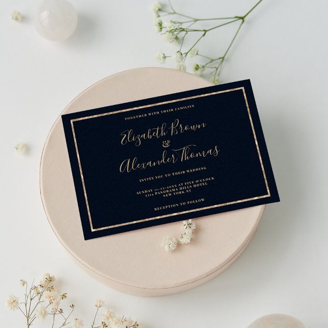 Convite Marinho azul de ouro manuscrito, casamento da Tipo (Navy blue gold handwritten Typography wedding)