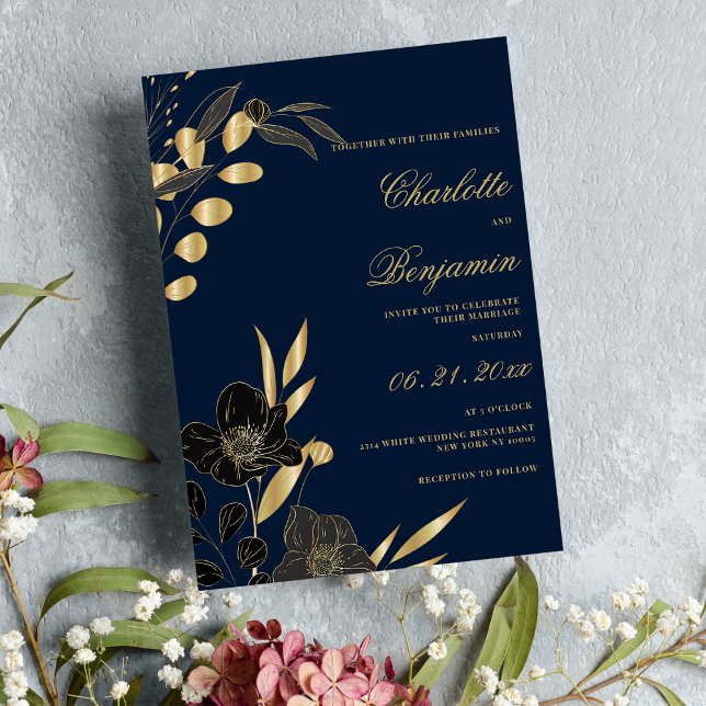 Convite Marinho azul de ouro negro elegante casamento flor (Navy blue gold black elegant floral wedding )