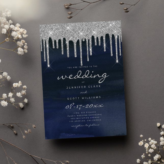 Convite Marinho azul de prata brilha script casamento (Navy blue silver glitter drips script wedding)