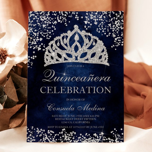 Convite Marinho azul de prata, fotografia tiara Quinceañer (Silver glitter navy blue photo tiara Quinceañera Invitation)