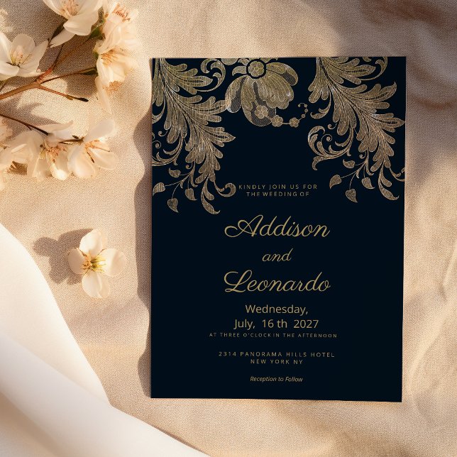 Convite Marinho azul de renda floral de luxo (Navy blue gold lace floral luxury wedding )