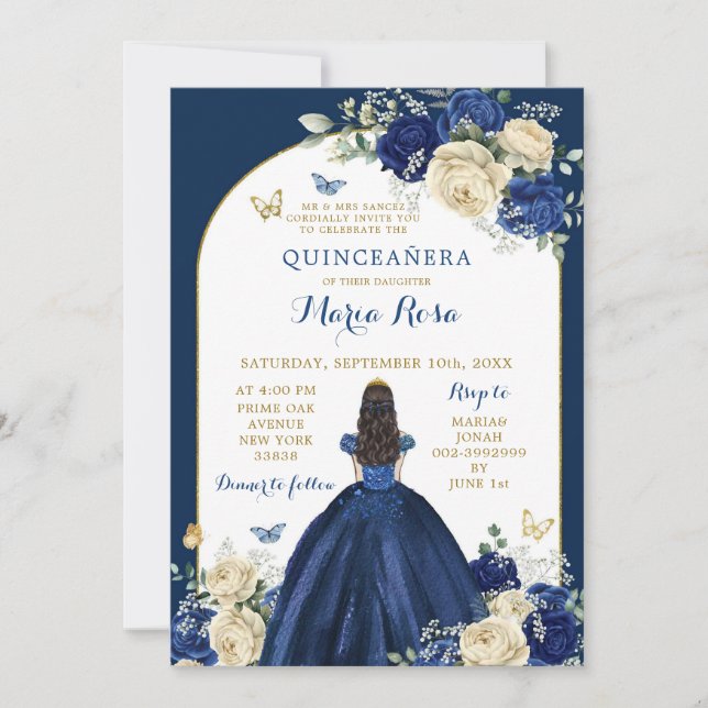 Convite Marinho Azul Dourada Princesa Floral Quinceañera (Frente)