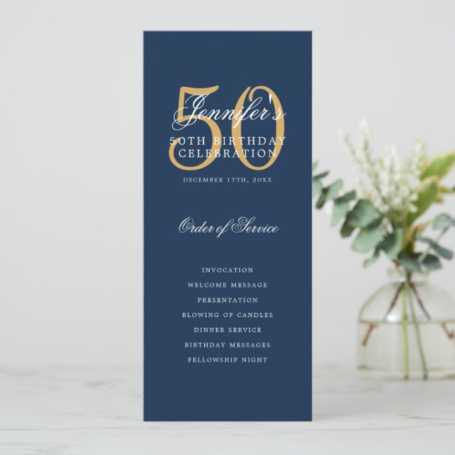 Convite Marinho Azul Dourado 50º Programa de Aniversário c (Em pé/Frente)