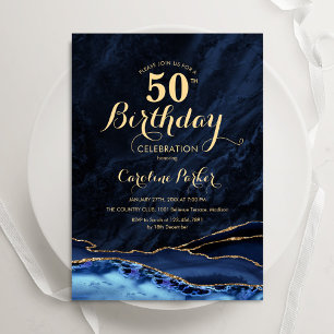 Convite Marinho Azul Dourado Agate Marble 50º Aniversário