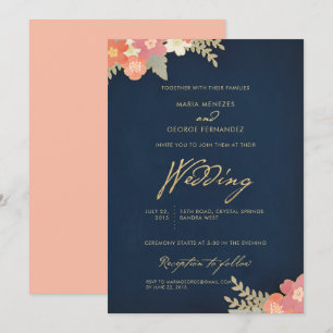 Convite Marinho Azul Dourado Blush Cor-de-rosa Pêssego Cas