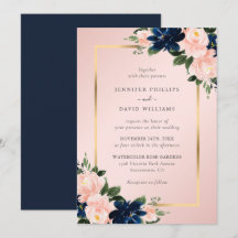 Marinho Azul Dourado Casamento Floral Cor-de-Rosa 