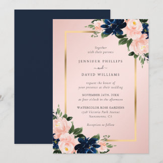 Convite Marinho Azul Dourado Casamento Floral Cor-de-Rosa