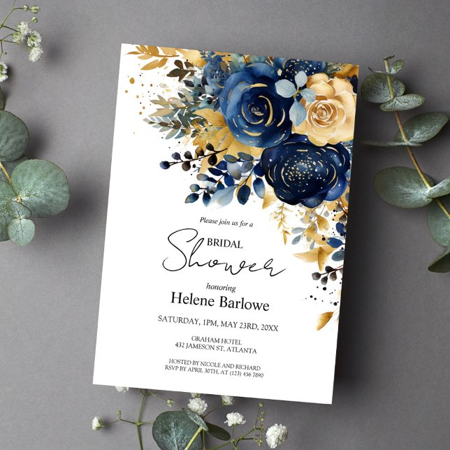 Convite Marinho Azul Dourado Chá de panela Floral Moderno (Navy Blue Gold Modern Floral Bridal Shower Invitation)