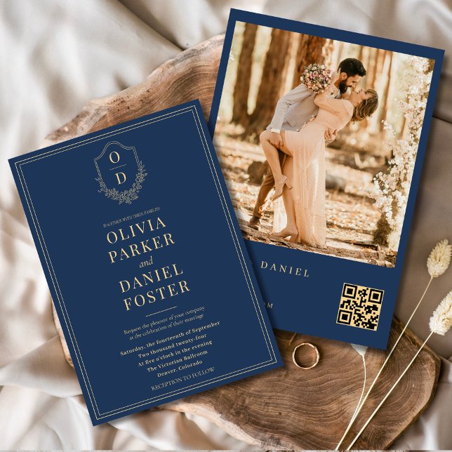 Convite Marinho Azul Dourado Código QR - Casamento Fotográ (Criador carregado)