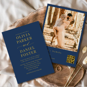 Convite Marinho Azul Dourado Código QR Foto Elegante Casam