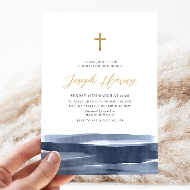 Convite Marinho Azul Dourado Cross Boys Baptism Christenin (Navy Blue Watercolor and Gold Boys Baptism Invitation)