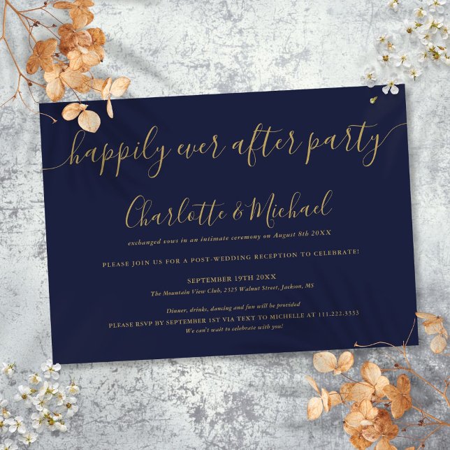 Convite Marinho Azul Dourado Felizmente Depois Do Casament (Navy Blue Gold Happily Ever After Party Wedding Invitation)