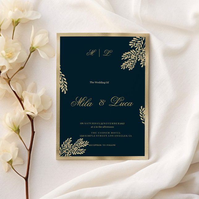 Convite Marinho azul-dourado folha folhada floral Casament (Navy blue gold glitter leaf floral Wedding)