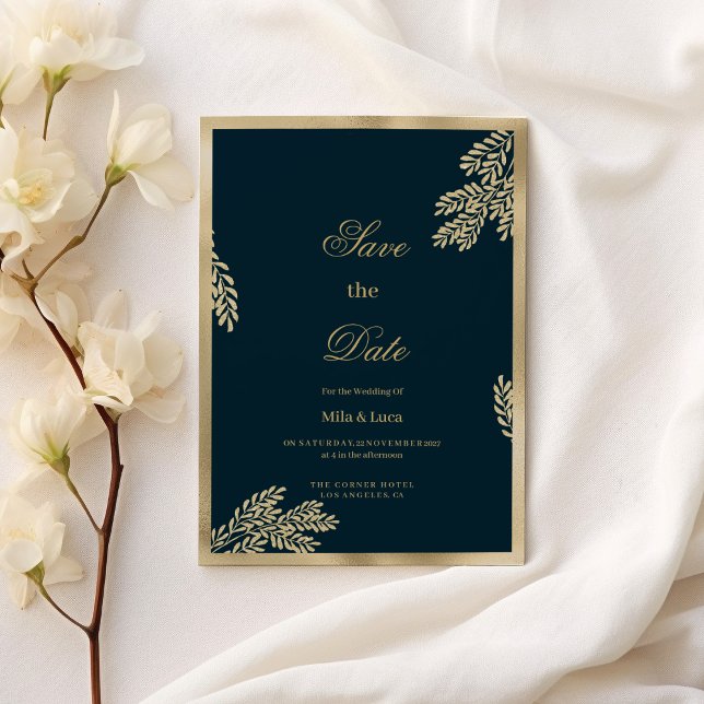 Convite Marinho azul-dourado folheto foliar Folha Guardar  (Navy blue gold glitter leaf floral Save the Date)