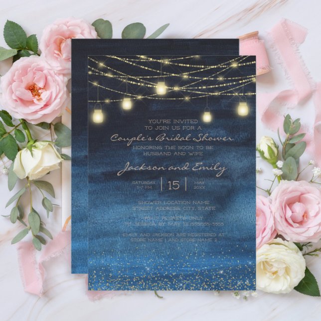 Convite Marinho Azul Dourado Luzes de carateres Casal Bran (Navy blue and gold string lights couples bridal shower invitation)
