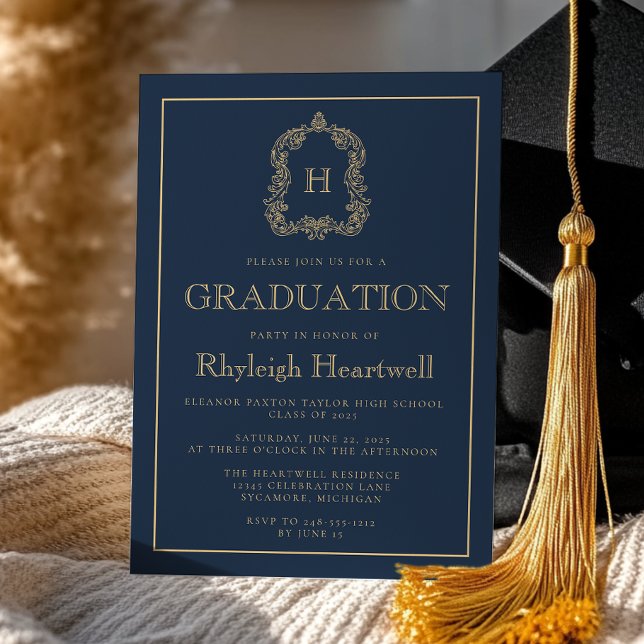 Convite Marinho Azul Dourado Monograma Festa de formatura  (Criador carregado)