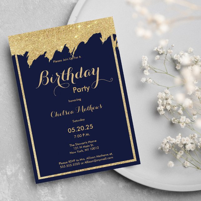 Convite Marinho azul dourado pinceladas Festa de aniversár (Navy blue gold glitter brushstrokes Birthday Party Invitation )