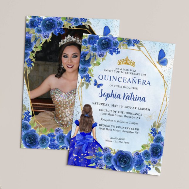 Convite Marinho Azul Dourado Princesa Floral Quinceañera F (Criador carregado)