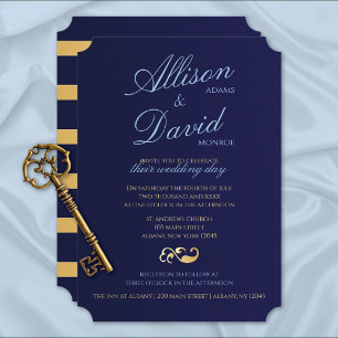 Convite Marinho Azul Dourado Stripes Moderno Casamento