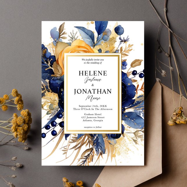 Convite Marinho Azul Dourado Terracotta Casamento Elegante (Navy Blue Gold Terracotta Floral Elegant Wedding Invitation)